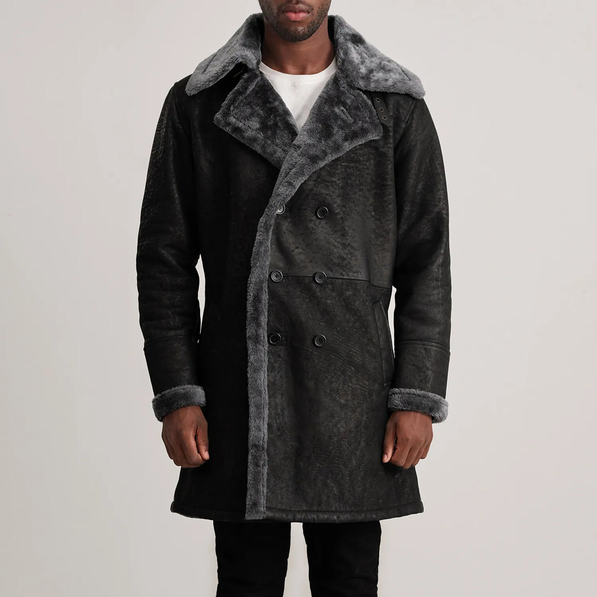 
ახლო ხედი of Notch & Button Hardware on Charles Brown Suede Leather Shearling Double-Breasted Coat