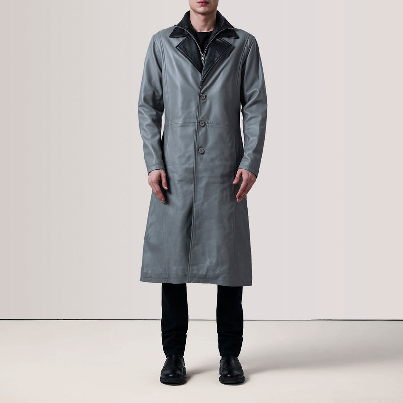 Charlton Grey Leather Single Breasted ტყავის პალტო მამაკაცის