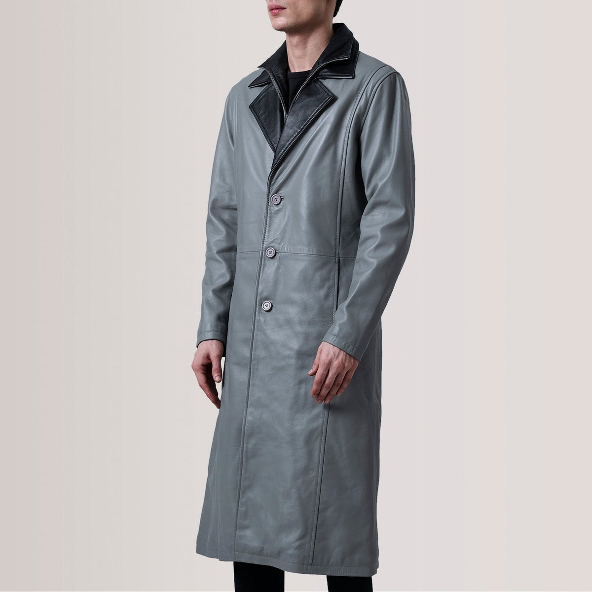 Charlton Grey Leather Single Breasted Coat For Men - Lateral Side Profile View Showing Sleeve Cut &amp; Athletic Taper Fit