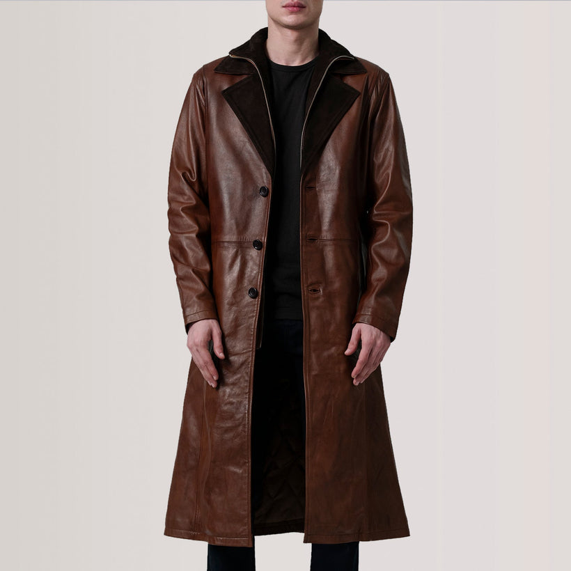 Charlton Waxed ყავისფერი Leather Single Breasted ტყავის პალტო მამაკაცის