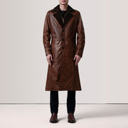 
Distressed Brown Sheepskin Burnished Leather Coat - უკანა ხედი გამოკვეთილი მხრებით და სუფთა დაბოლოებით