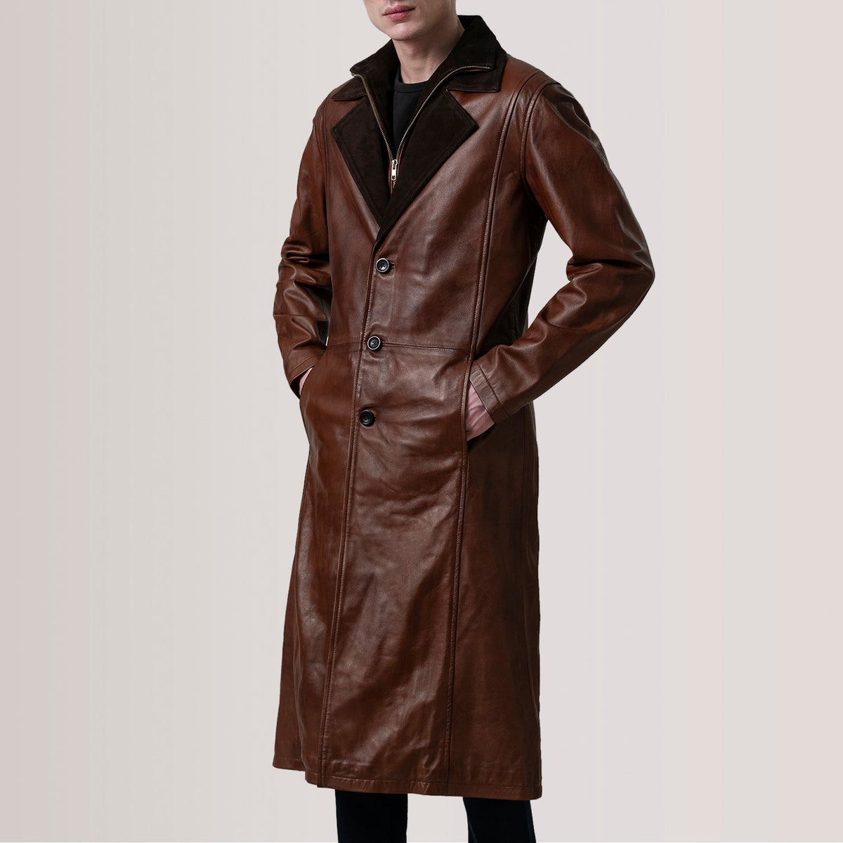 
Charlton Waxed ყავისფერი Leather Single Breasted ტყავის პალტო მამაკაცის For Men - გვერდითი პროფილი ერგონომიული სახელოს ჭრით