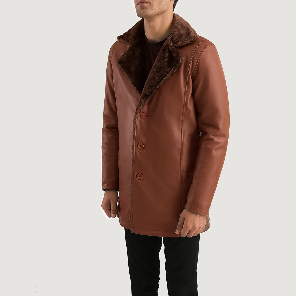 
Brown Sheepskin Burnishing Winter Jacket - უკანა ხედი გამოკვეთილი მხრებით და სუფთა დაბოლოებით