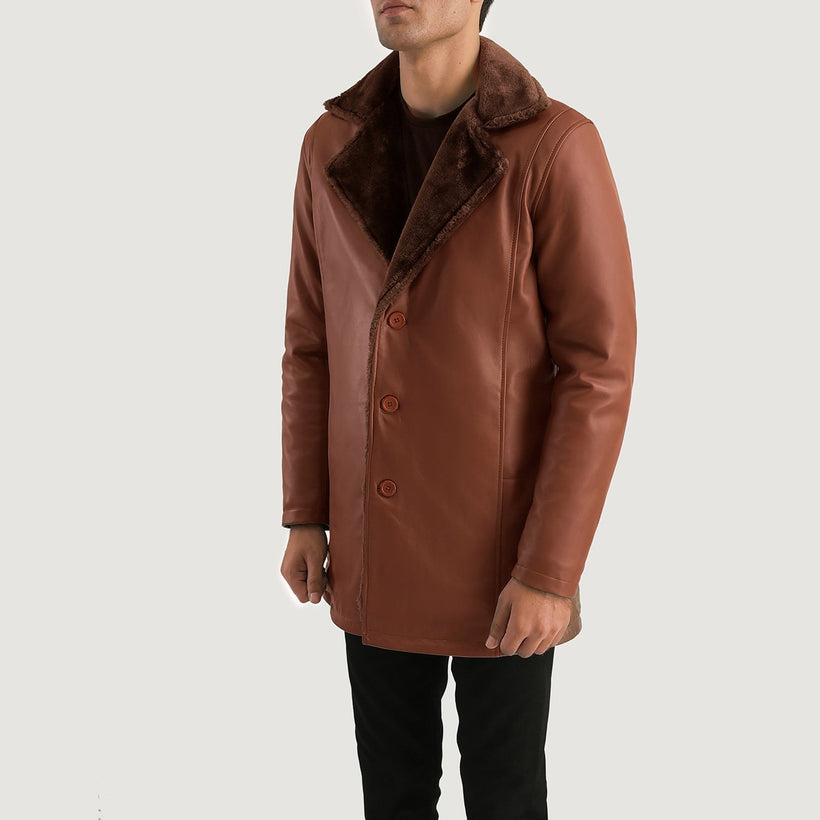 Cinnamon ყავისფერი Leather Fur ტყავის პალტო მამაკაცის