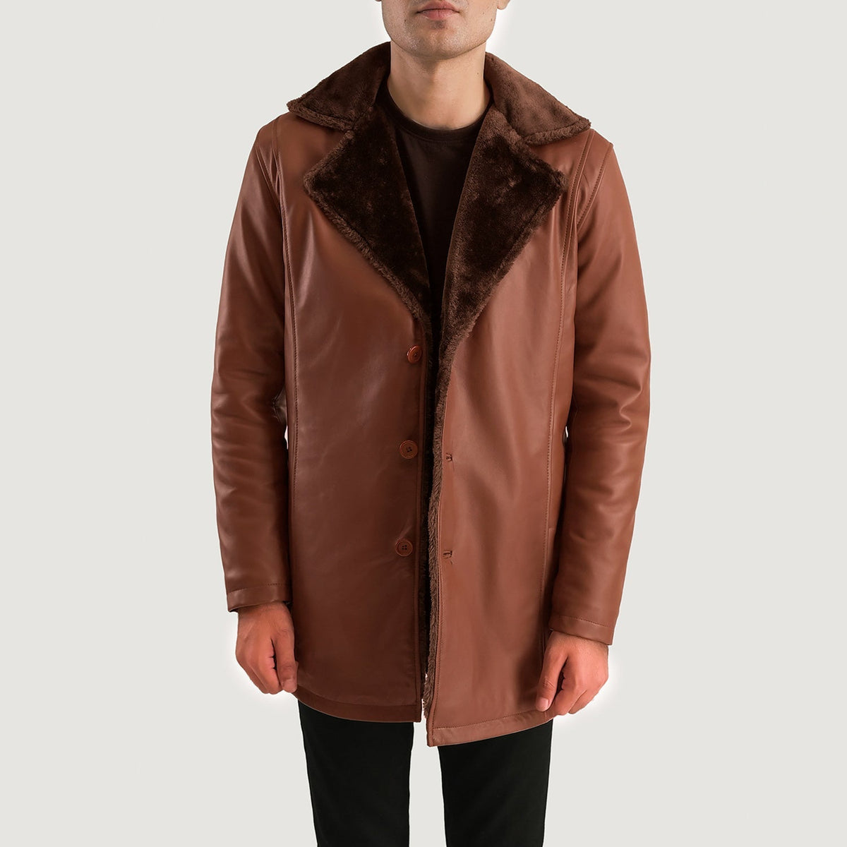 
ახლო ხედი of Shirt & Button Hardware on Cinnamon ყავისფერი Leather Fur ტყავის პალტო მამაკაცის
