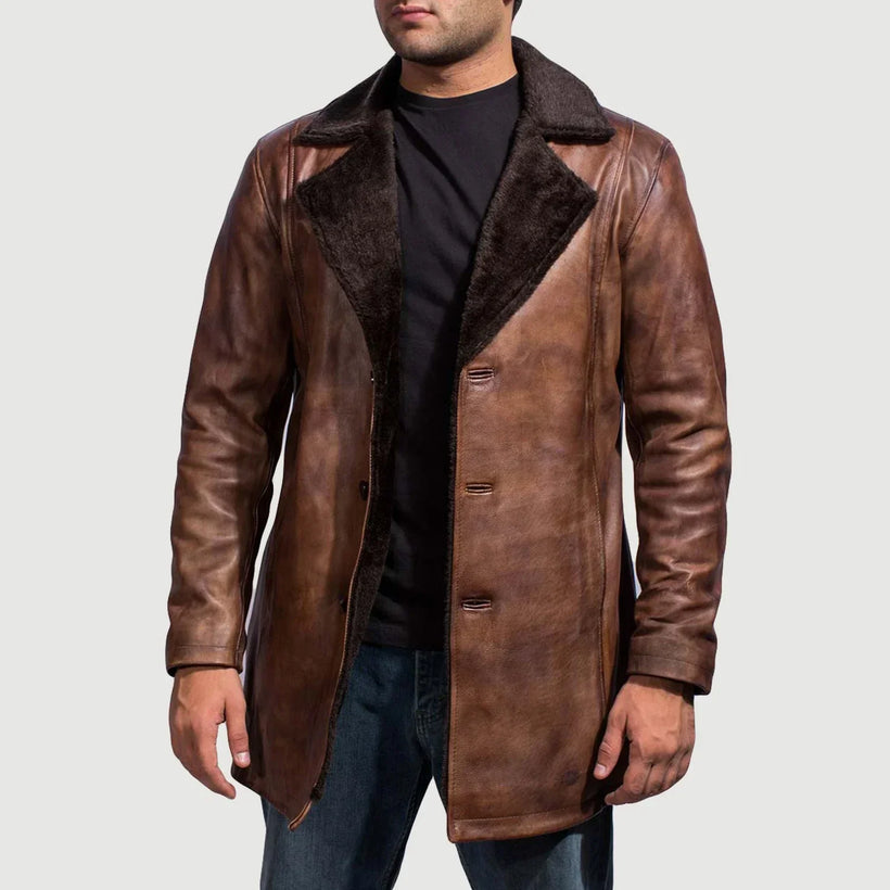Cinnamon Distressed Leather Fur Coat მამაკაცის