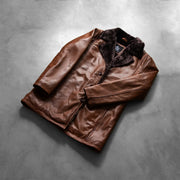
Open Hem & Hem Craftsmanship Construction Detail on Cinnamon Distressed Leather Fur ტყავის პალტო მამაკაცის