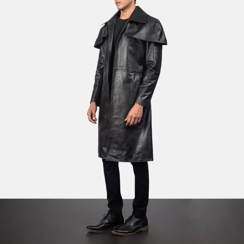 Classic შავი Leather Duster მამაკაცის