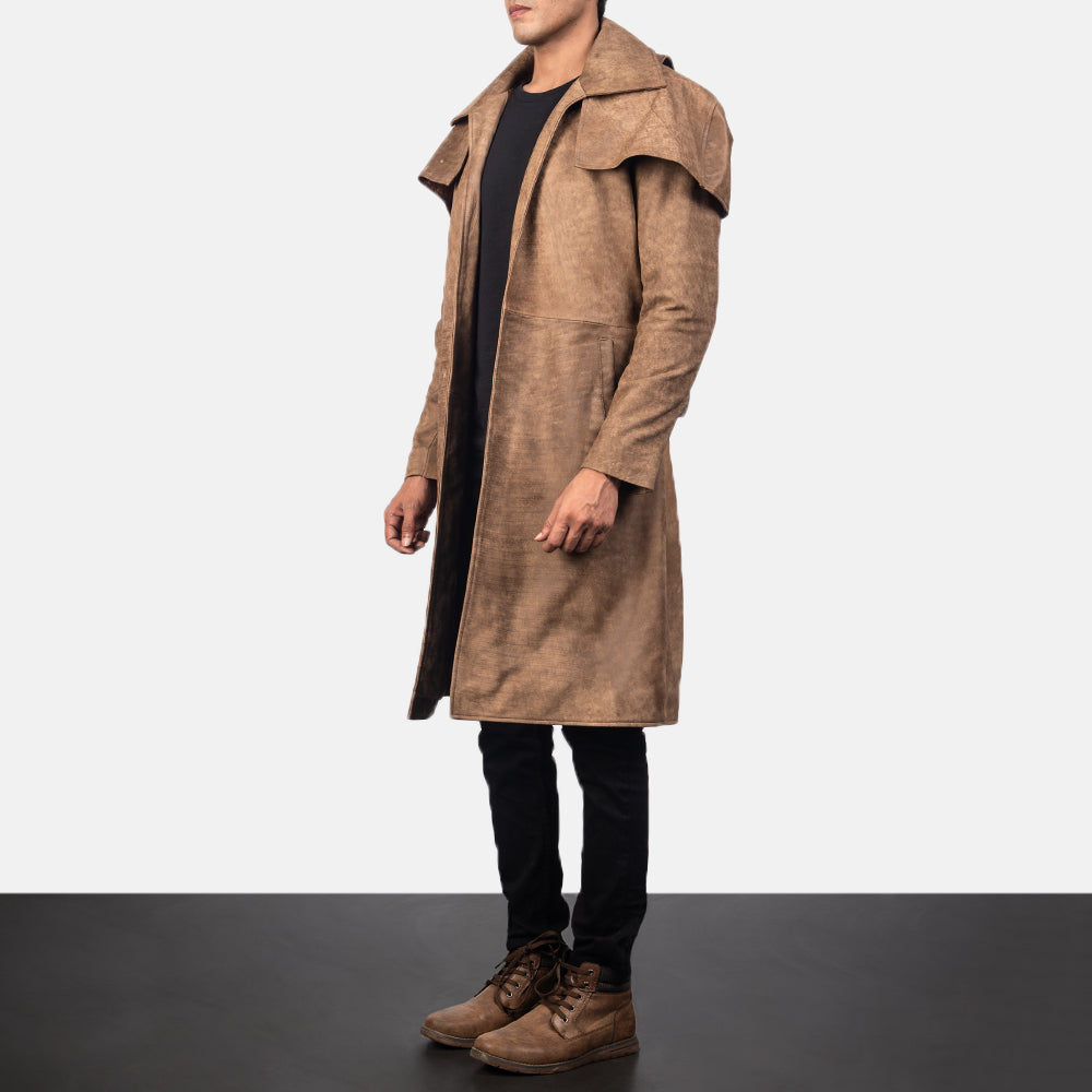 
Distressed Brown Sheepskin Snuffed Trench Coat - უკანა ხედი გამოკვეთილი მხრებით და სუფთა დაბოლოებით