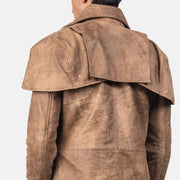 
ახლო ხედი of Classic Collar & Heavy-Duty Zipper Hardware on Classic ყავისფერი Leather Duster მამაკაცის