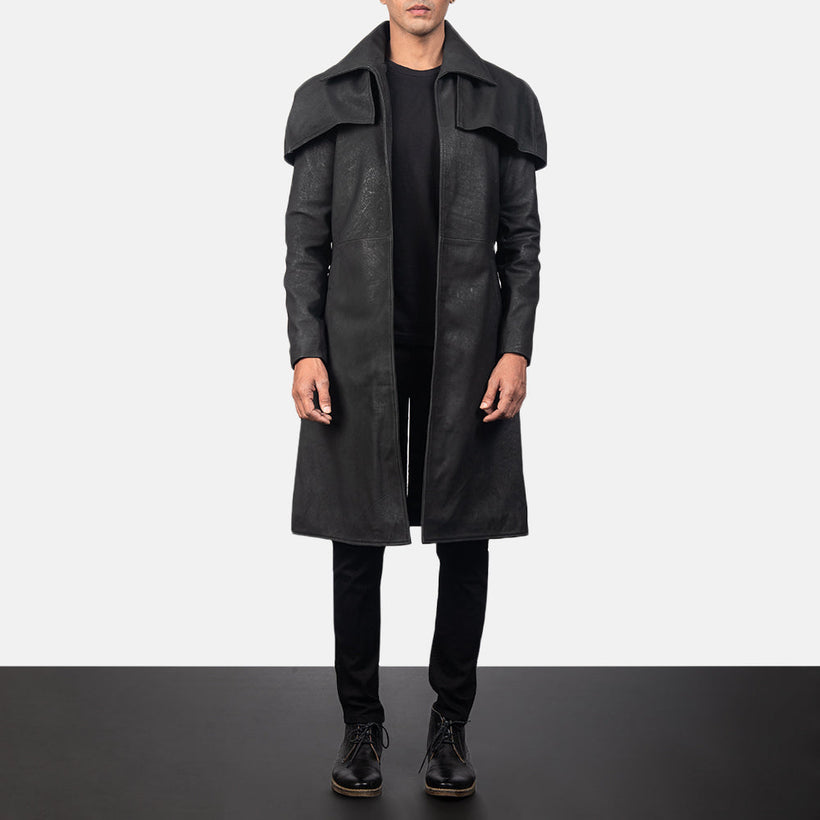 Classic Distressed შავი Leather Duster მამაკაცის