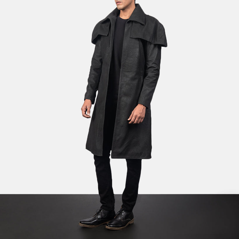 Classic Distressed შავი Leather Duster მამაკაცის