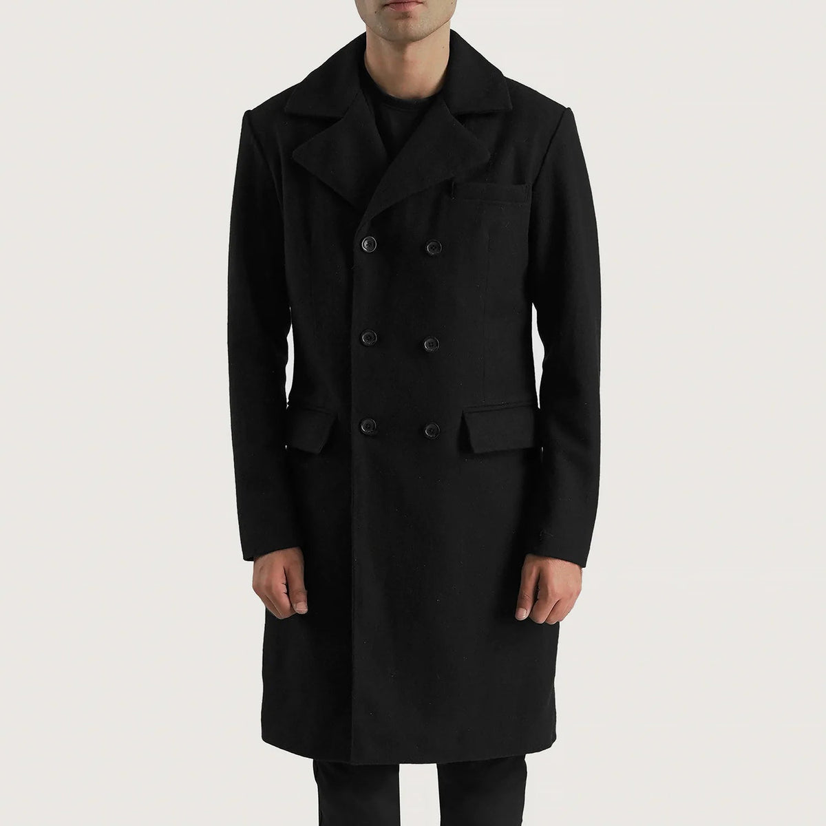 
Claud Black Wool Double Breasted Coat in Black Synthetic Wool - წინა ხედი და მორგებული სილუეტი | შეიძინეთ ონლაინ