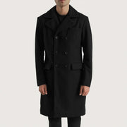 
Claud Black Wool Double Breasted Coat in Black Synthetic Wool - წინა ხედი და მორგებული სილუეტი | შეიძინეთ ონლაინ