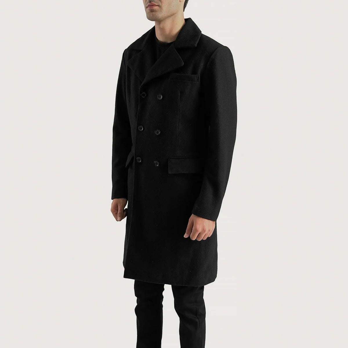 
Black Synthetic Wool Trench Coat - უკანა ხედი გამოკვეთილი მხრებით და სუფთა დაბოლოებით