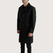 
Black Synthetic Wool Trench Coat - უკანა ხედი გამოკვეთილი მხრებით და სუფთა დაბოლოებით