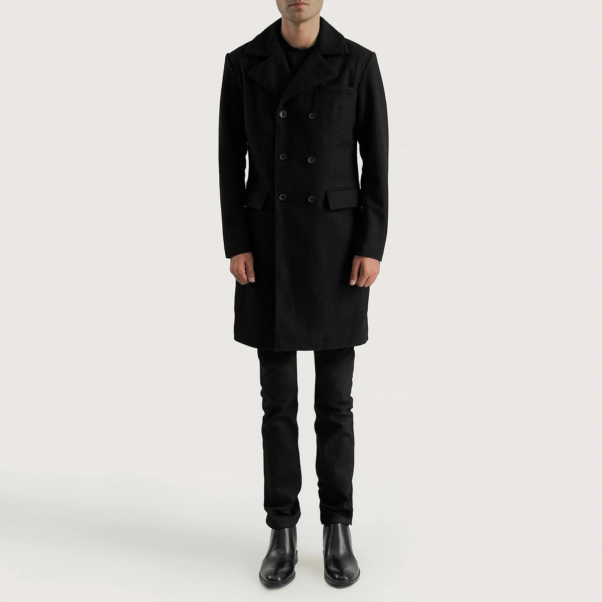 
Claud Black Wool Double Breasted Coat - გვერდითი პროფილი ერგონომიული სახელოს ჭრით