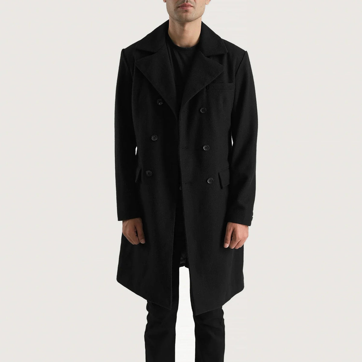 
ახლო ხედი of Notch & Button Hardware on Claud Black Wool Double Breasted Coat