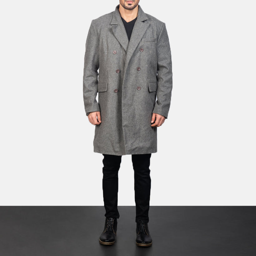 Claud Grey Wool Double-Breasted ტყავის პალტო მამაკაცის