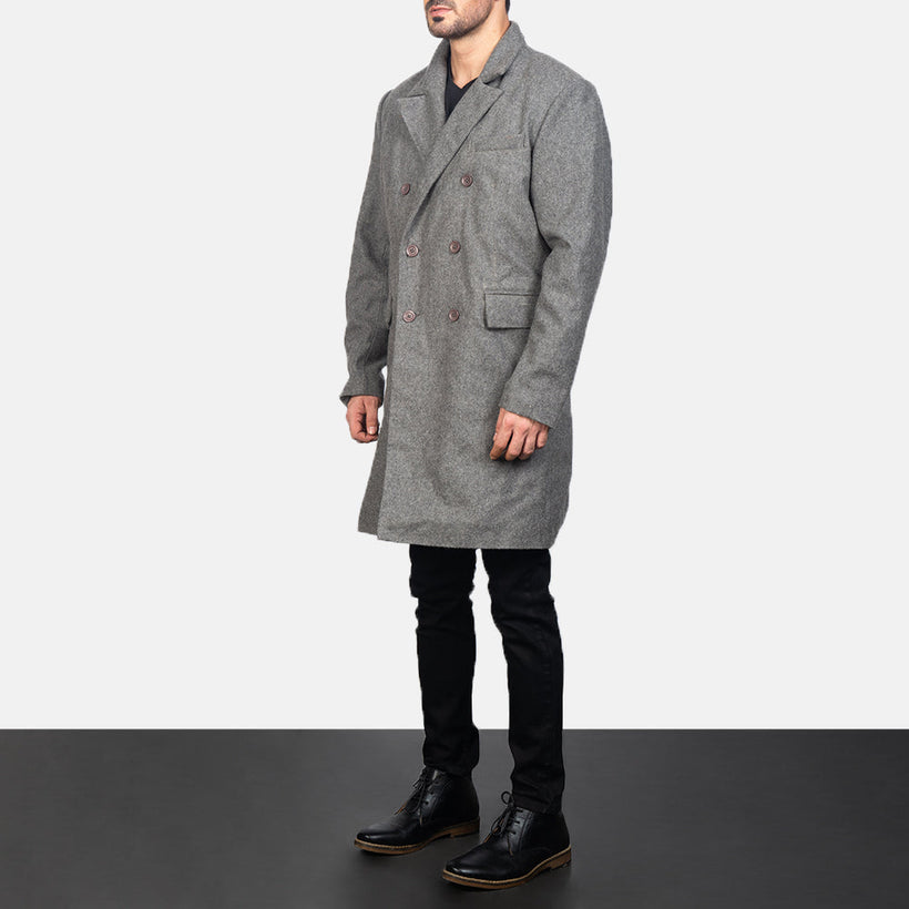 Claud Grey Wool Double-Breasted ტყავის პალტო მამაკაცის