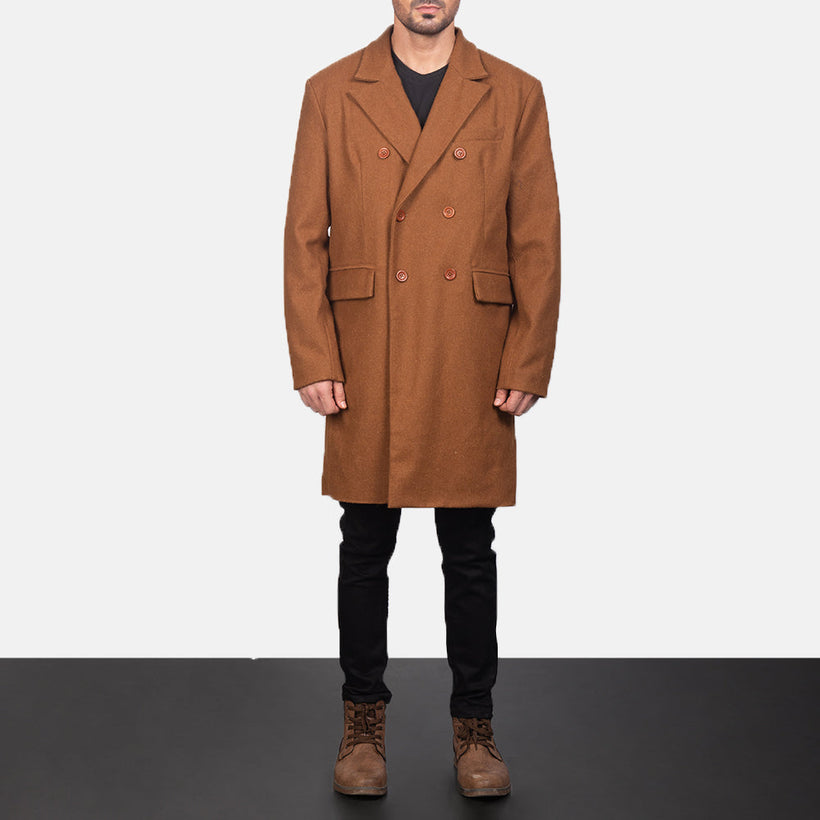 Claud Khaki Wool Double-Breasted ტყავის პალტო მამაკაცის