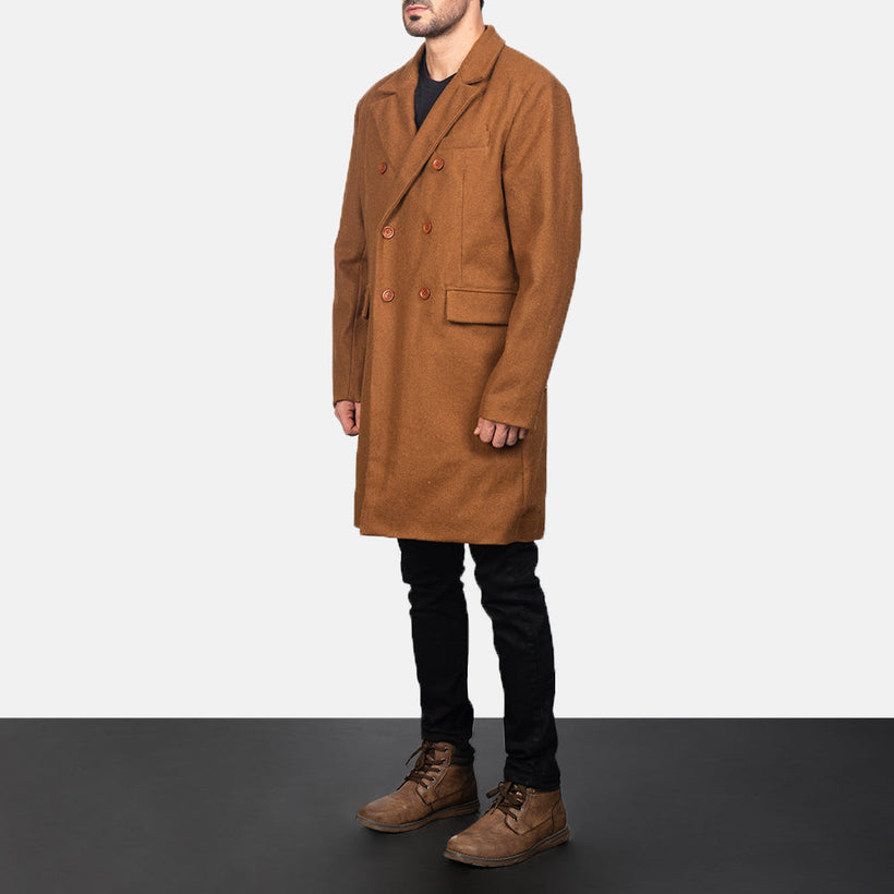Claud Khaki Wool Double-Breasted ტყავის პალტო მამაკაცის