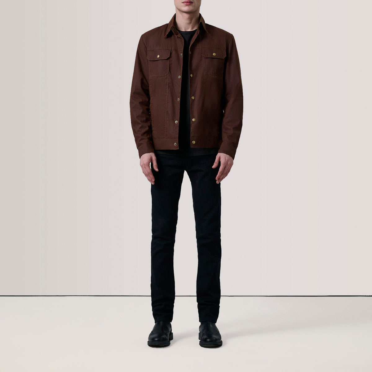 
Brown Waxed Cotton Canvas Leather Jacket - უკანა ხედი გამოკვეთილი მხრებით და სუფთა დაბოლოებით