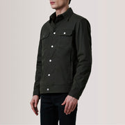 
Colberto Olive Waxed Canvas Trucker ტყავის ქურთუკი მამაკაცის For Men - გვერდითი პროფილი ერგონომიული სახელოს ჭრით