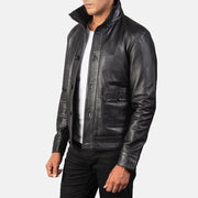Blue Sheepskin Leather Bomber Jacket - Back View Showing Tailored Shoulder Fit &amp; Clean Hemline