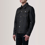 
Conard Faded შავი Denim Trucker ტყავის ქურთუკი მამაკაცის For Men - გვერდითი პროფილი ერგონომიული სახელოს ჭრით