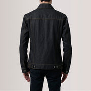 
ახლო ხედი of Classic Collar & Heavy-Duty Zipper Hardware on Conard Faded შავი Denim Trucker ტყავის ქურთუკი მამაკაცის For Men