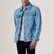 
Conard Light ლურჯი Denim Trucker ტყავის ქურთუკი მამაკაცის For Men in Light Blue Full-Grain Leather - წინა ხედი და მორგებული სილუეტი | შეიძინეთ ონლაინ