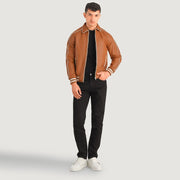 
Cooper ტანი ყავისფერი Leather Varsity ტყავის ქურთუკი მამაკაცის in Tan Brown Sheepskin Leather - წინა ხედი და მორგებული სილუეტი | შეიძინეთ ონლაინ