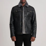 
Dallis შავი Leather Shearling Trucker ტყავის ქურთუკი მამაკაცის in Black Sheepskin Leather - წინა ხედი და მორგებული სილუეტი | შეიძინეთ ონლაინ