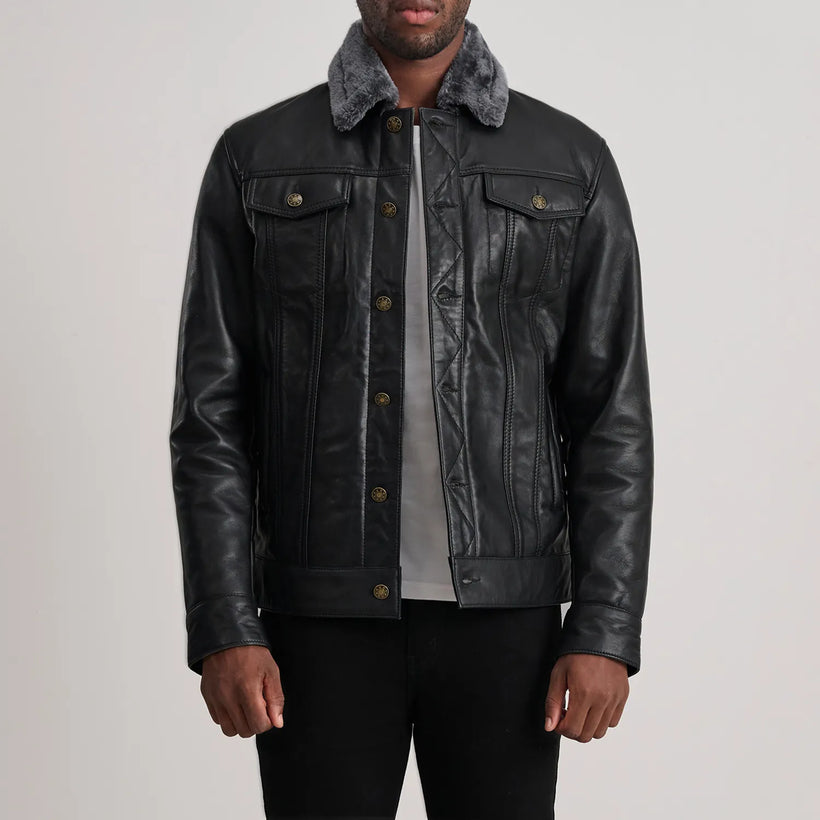 Dallis შავი Leather Shearling Trucker ტყავის ქურთუკი მამაკაცის