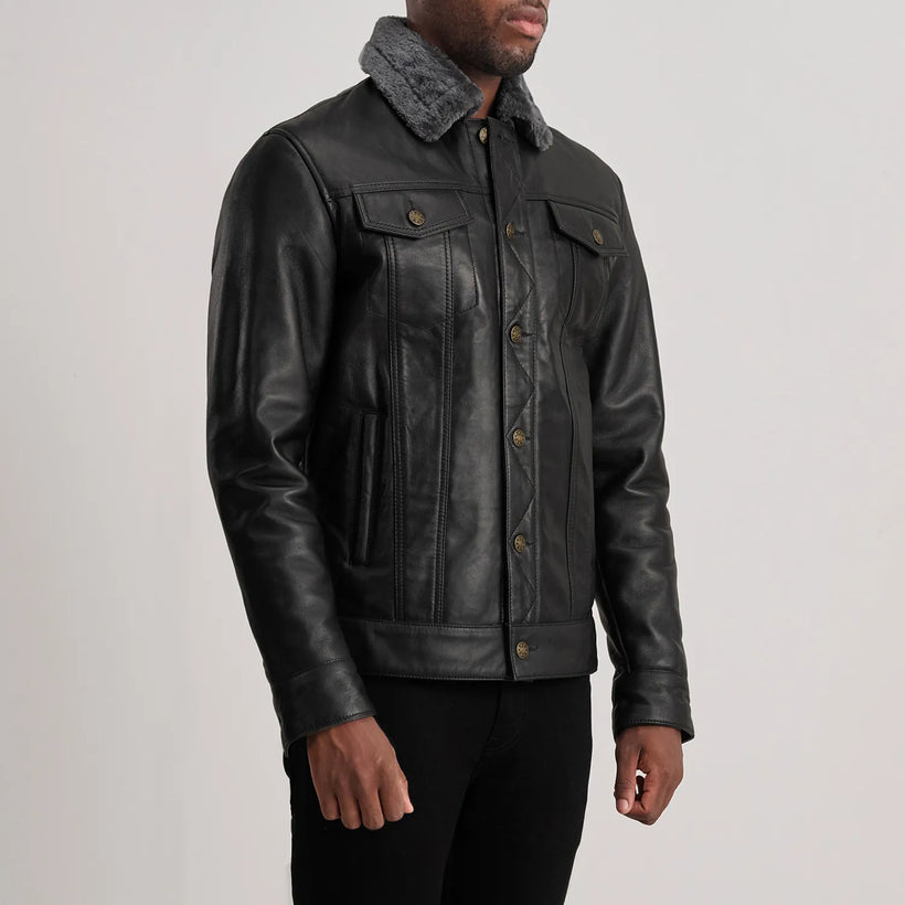 Dallis შავი Leather Shearling Trucker ტყავის ქურთუკი მამაკაცის