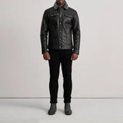 
Dallis შავი Leather Shearling Trucker ტყავის ქურთუკი მამაკაცის - გვერდითი პროფილი ერგონომიული სახელოს ჭრით