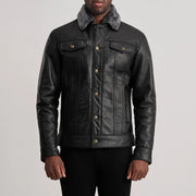 
ახლო ხედი of Classic Collar & Button Hardware on Dallis შავი Leather Shearling Trucker ტყავის ქურთუკი მამაკაცის