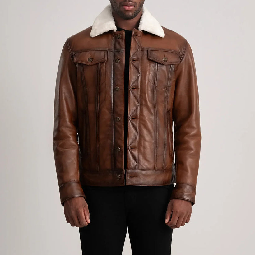 Dallis ყავისფერი Leather Shearling Trucker ტყავის ქურთუკი მამაკაცის