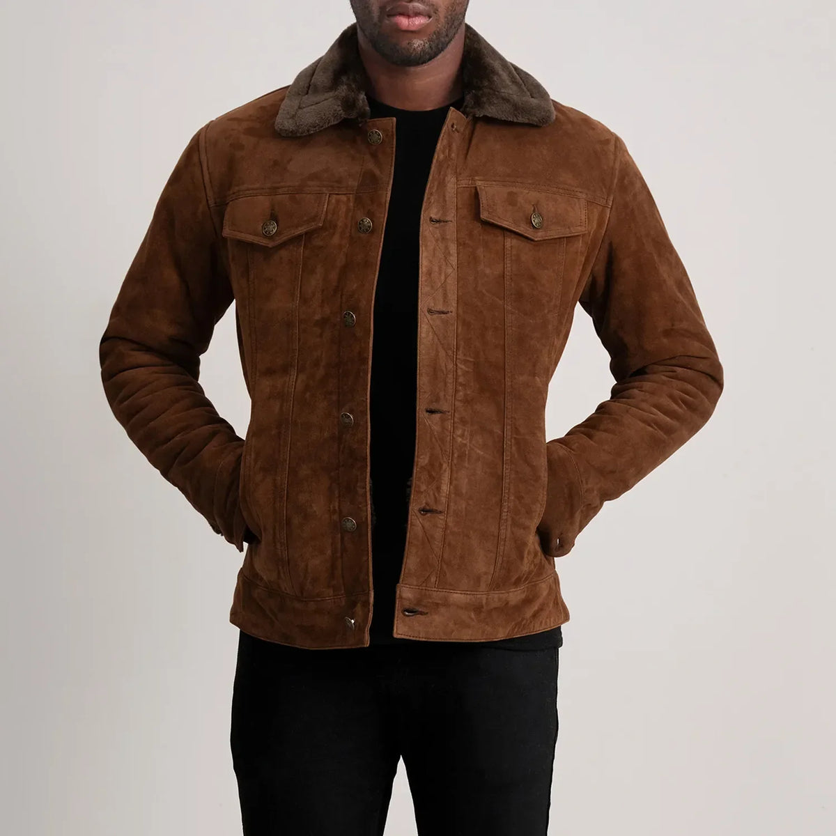 
Dallis ყავისფერი Suede Shearling Trucker ტყავის ქურთუკი მამაკაცის - წინა ხედი და მორგებული სილუეტი | შეიძინეთ ონლაინ