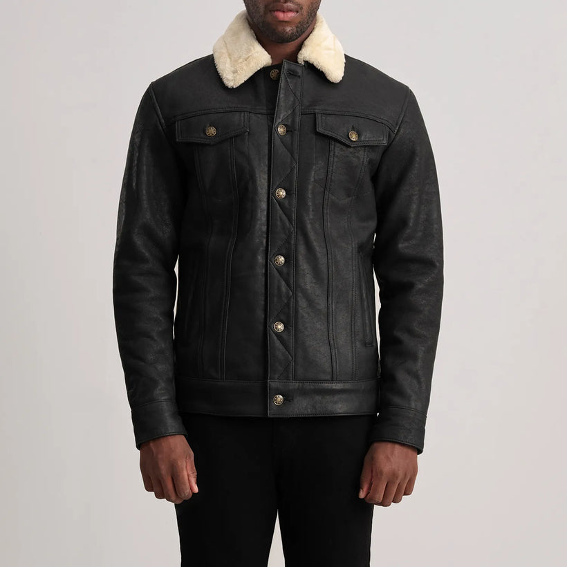 Dallis Distressed შავი Leather Shearling Trucker ტყავის ქურთუკი მამაკაცის