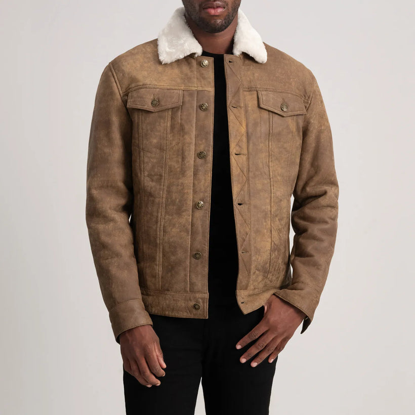 Dallis Distressed ყავისფერი Leather Shearling Trucker ტყავის ქურთუკი მამაკაცის