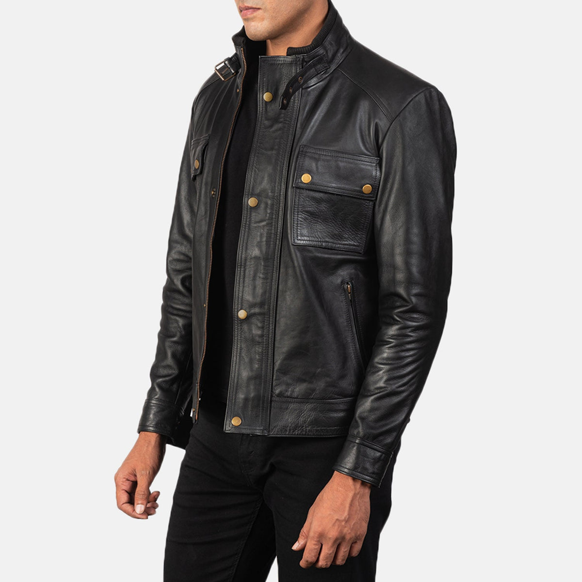 Black 100% Full-Grain Leather Biker Jacket - Back View Showing Tailored Shoulder Fit &amp; Clean Hemline
