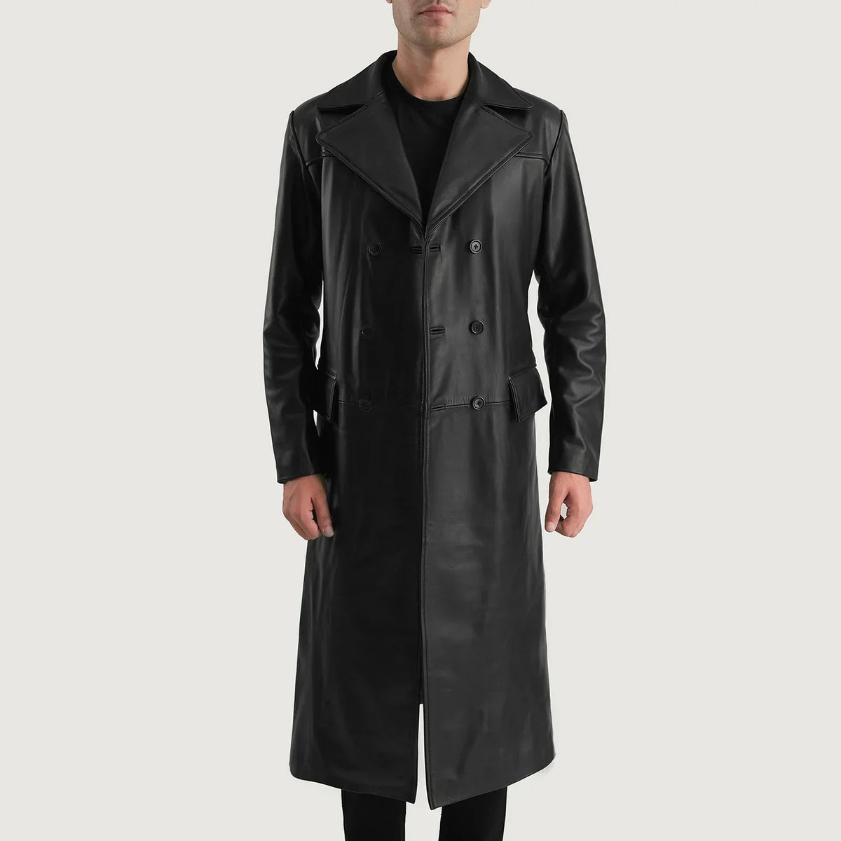
Delmar Black Leather Double Breasted Coat in Black Cowhide Leather - წინა ხედი და მორგებული სილუეტი | შეიძინეთ ონლაინ