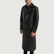 
Black Cowhide leather Coat - უკანა ხედი გამოკვეთილი მხრებით და სუფთა დაბოლოებით