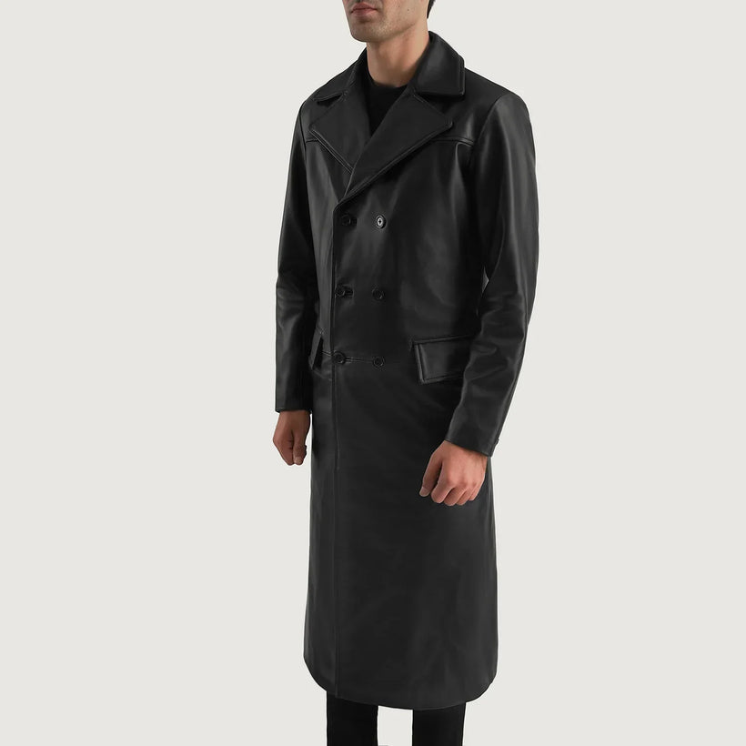 Delmar შავი Leather Double-Breasted ტყავის პალტო მამაკაცის