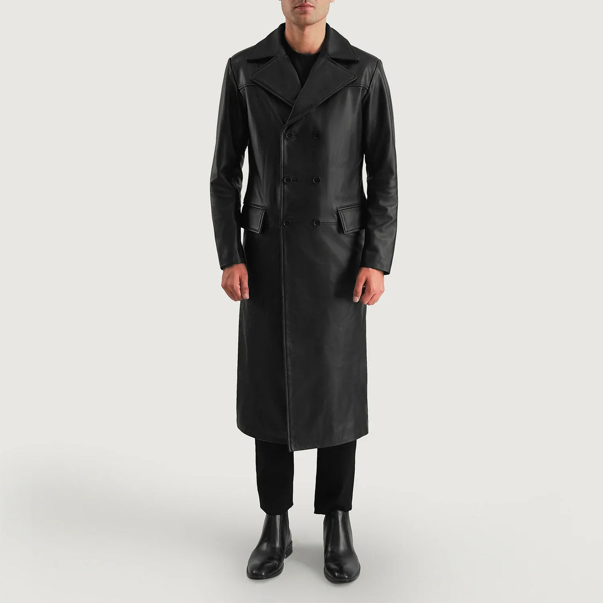 
Delmar Black Leather Double Breasted Coat - გვერდითი პროფილი ერგონომიული სახელოს ჭრით