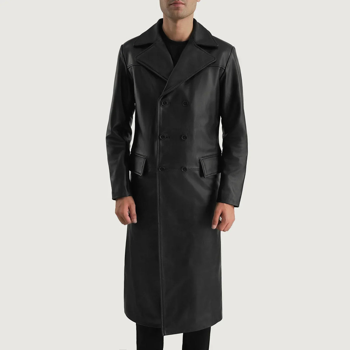 
ახლო ხედი of Notch & Button Hardware on Delmar Black Leather Double Breasted Coat