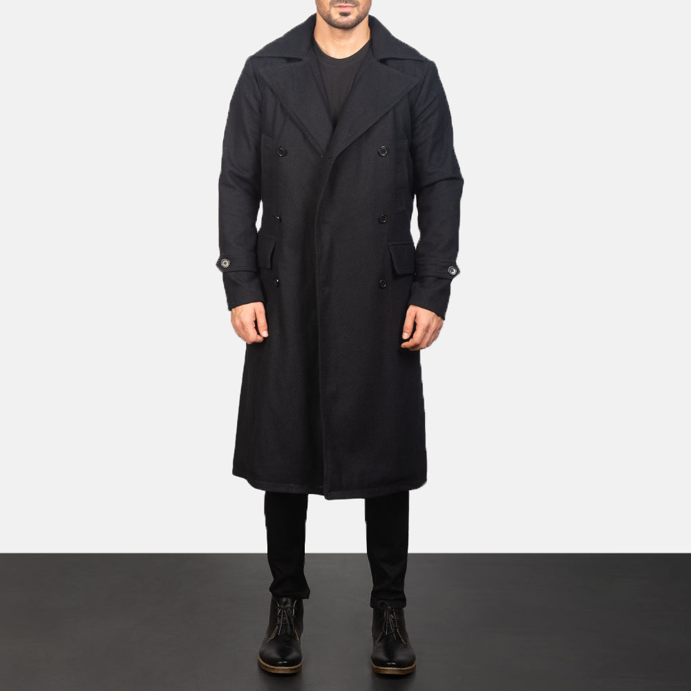 Detective შავი Wool Coat მამაკაცის in Black Synthetic Wool - Front Profile View &amp; Tailored Silhouette | Buy Online