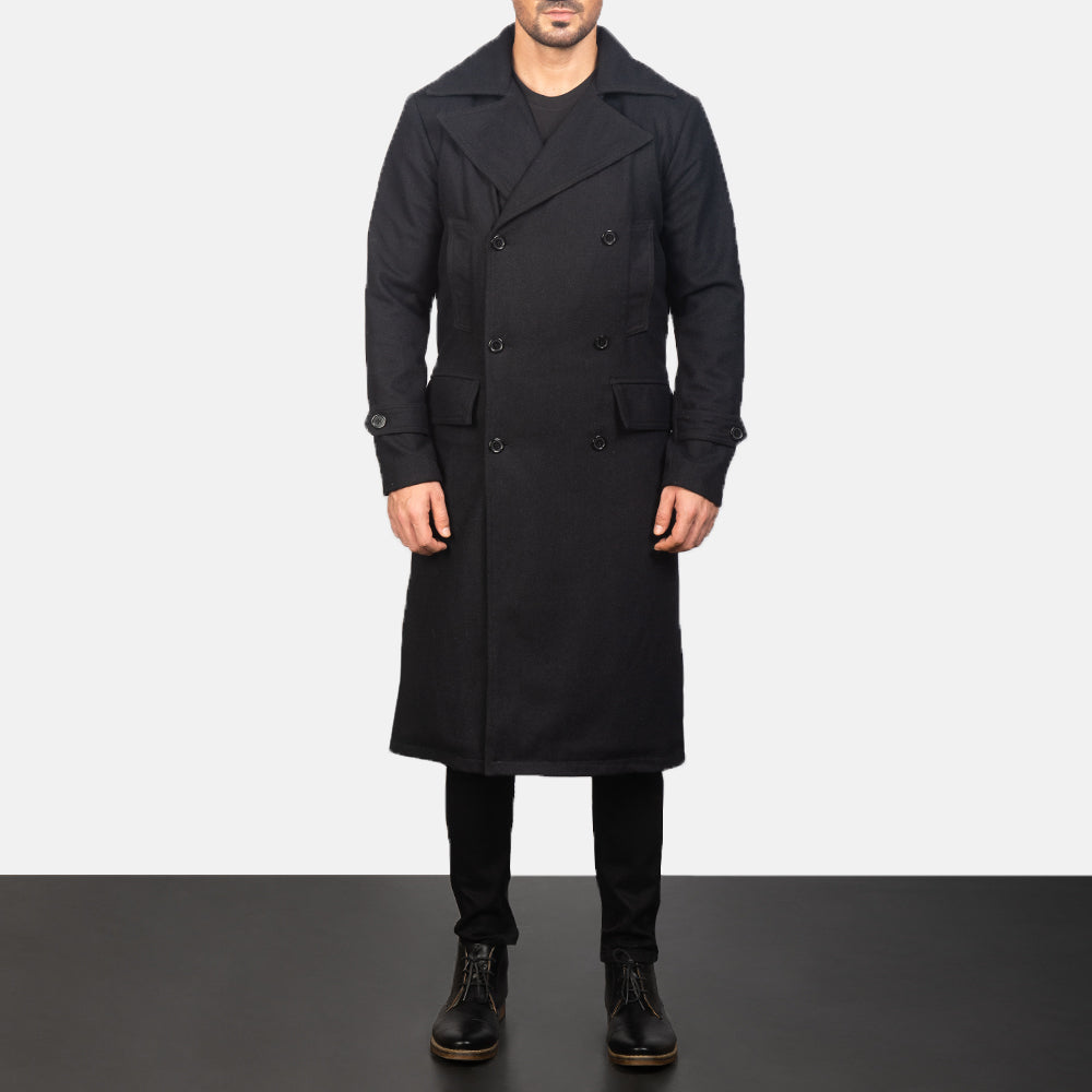 Close-Up Detail of Notch &amp; Button Hardware on Detective შავი Wool Coat მამაკაცის